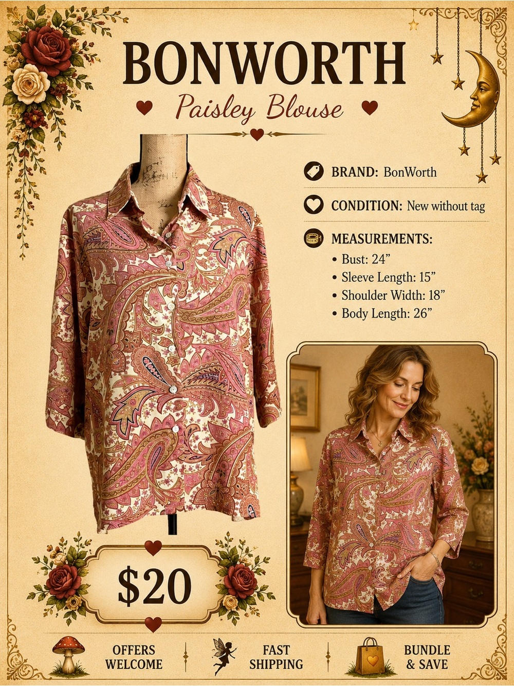 BonWorth Cream Pink Paisley Blouse Size Large Petite